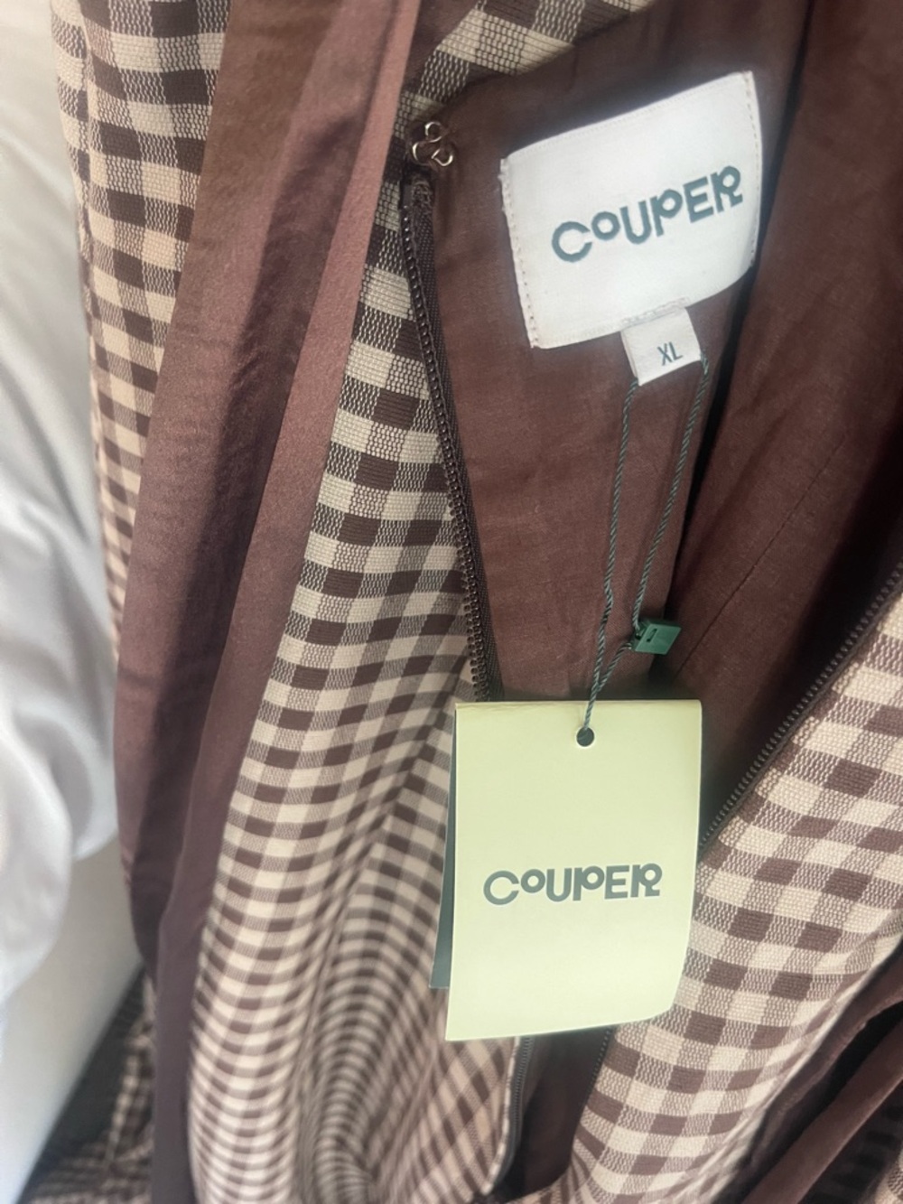 Couper Margaret Gingham Tie-Back Gown XL NWT 100% Cotton Brown Check Dress - Picture 3 of 3